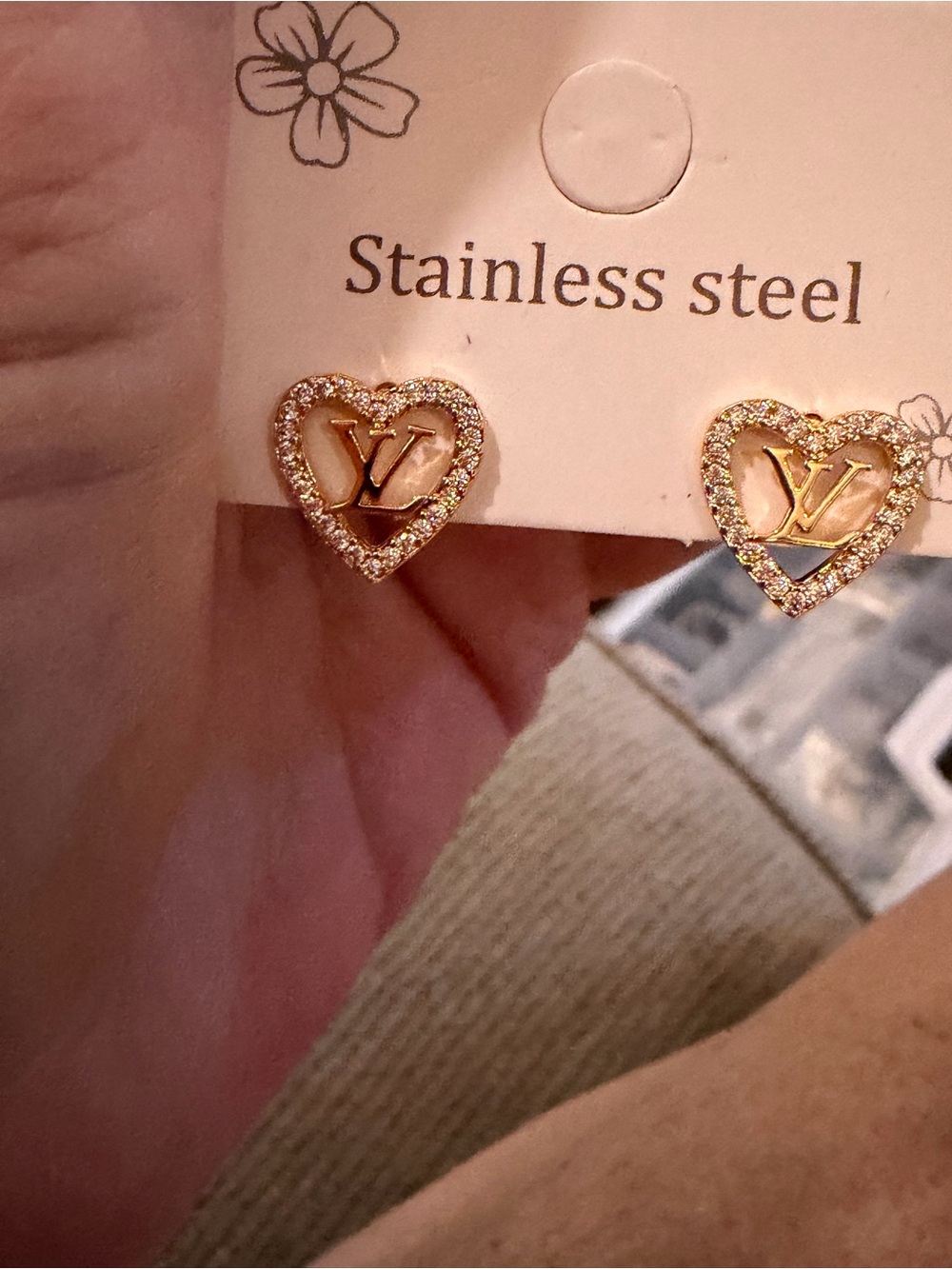 Gold Heart Stud Earrings with Crystal Halo, fashion jewelry - Picture 3 of 8